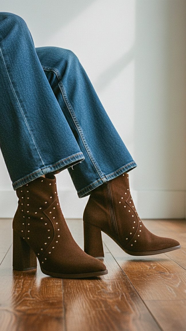 Skórzane botki na słupku Wonders M-5431 brązowe