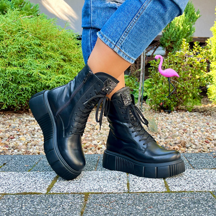 Skórzane workery na platformie - SIMEN 5734A CZARNE