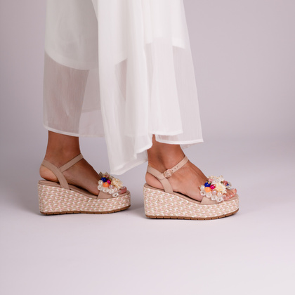 Modne sandały na koturnie - SCAVIOLA S-394 BEŻOWE