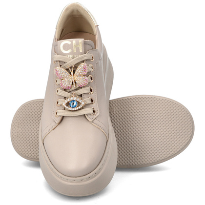 Sneakersy skórzane z ozdobami - CHEBELLO 4292 BEŻOWE