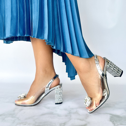 Transparentne sandały na zdobnym obcasie - SCAVIOLA S-235 SREBRNE