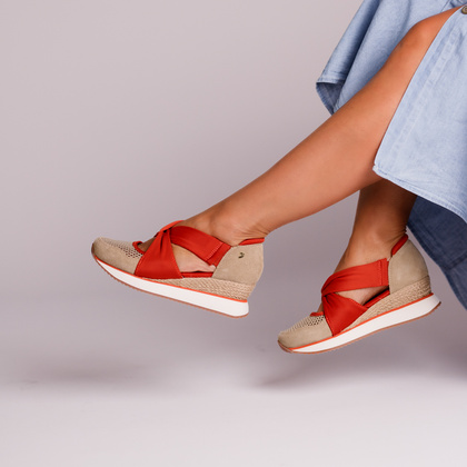 Hiszpańskie sneakersy na koturnie - GIOSEPPO 74059 BEŻOWO-CZERWONE