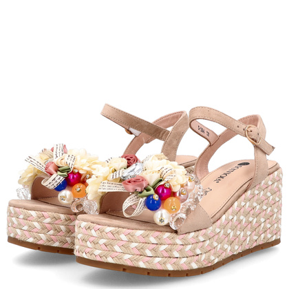 Modne sandały na koturnie - SCAVIOLA S-394 BEŻOWE