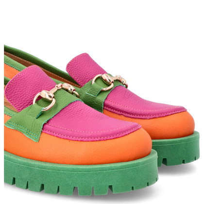 Kolorowe mokasyny ze skóry - TYMOTEO A1003 POMARAŃCZ ZIELEŃ RÓŻ