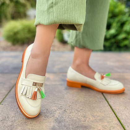 Skórzane mokasyny na kontrastowej podeszwie - TYMOTEO A1002 BEŻ+POMARAŃCZ