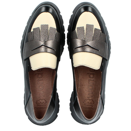 Hiszpańskie półbuty ze skóry - WONDERS C-7312 CZARNO-BEŻOWE