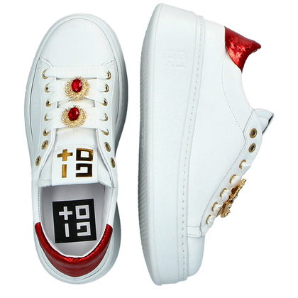 Sneakersy skórzane premium - GIO+ PIA300A BIAŁO-CZERWONE