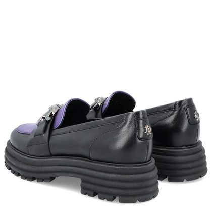 Skórzane mokasyny z ozdobą - LAURA MESSI 2692 CZARNO-FIOLETOWE
