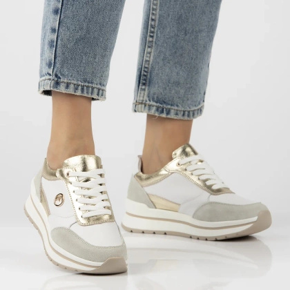 Skórzane sneakersy damskie - FILIPPO DP6858/25 BIAŁO-ZŁOTE