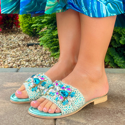 Zdobne klapki ze skóry - BOTTEGA SMERALDA 214WLD TURKUSOWE