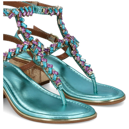 Zdobne sandały na obcasie - BOTTEGA SMERALDA 407CLC TURKUSOWE