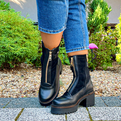 Skórzane botki na platformie - SIMEN 7197A CZARNY