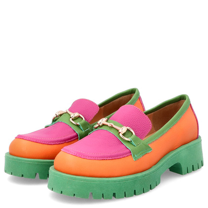 Kolorowe mokasyny ze skóry - TYMOTEO A1003 POMARAŃCZ ZIELEŃ RÓŻ