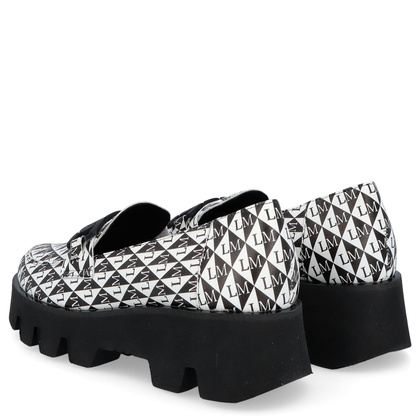 Skórzane mokasyny z ozdobą - LAURA MESSI 2601 CZARNO - BIAŁE