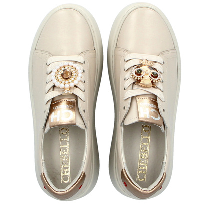 Sneakersy skórzane z ozdobą - CHEBELLO 4411 JASNY BEŻ