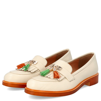 Skórzane mokasyny na kontrastowej podeszwie - TYMOTEO A1002 BEŻ+POMARAŃCZ