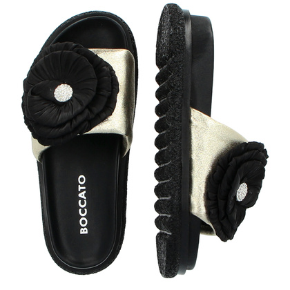 Skórzane klapki damskie z kwiatem - BOCCATO 475.24-121 ZŁOTE