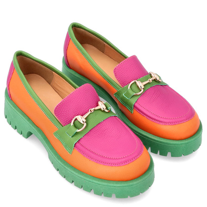 Kolorowe mokasyny ze skóry - TYMOTEO A1003 POMARAŃCZ ZIELEŃ RÓŻ