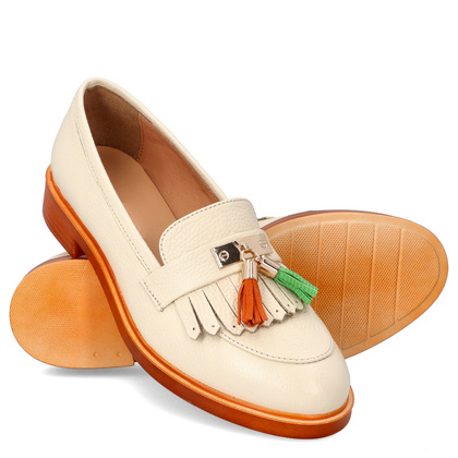 Skórzane mokasyny na kontrastowej podeszwie - TYMOTEO A1002 BEŻ+POMARAŃCZ