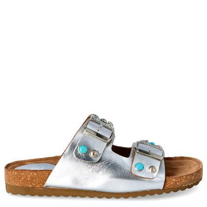 Skórzane klapki z klamerkami - EKP 3450 SREBRNE