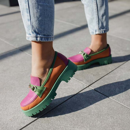 Kolorowe mokasyny ze skóry - TYMOTEO A1003 POMARAŃCZ ZIELEŃ RÓŻ