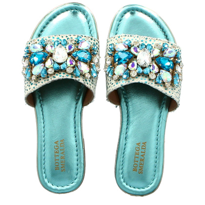 Zdobne klapki ze skóry - BOTTEGA SMERALDA 214WLD TURKUSOWE