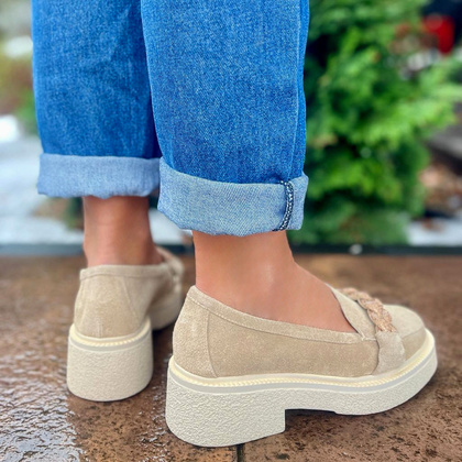 Skórzane mokasyny z ozdobą - TYMOTEO L1054 BEŻOWE