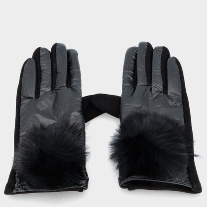 Rękawiczki damskie z futrzanym pomponem - TYMOTEO LOVE R01 CZARNE