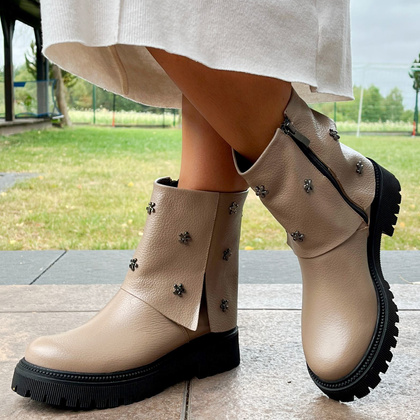 Skórzane botki z wywijaną cholewką - TYMOTEO G1068 BEŻOWE