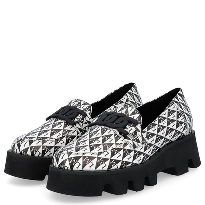 Skórzane mokasyny z ozdobą - LAURA MESSI 2601 CZARNO - BIAŁE