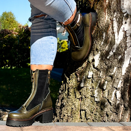 Skórzane botki na platformie - SIMEN 7197A KHAKI