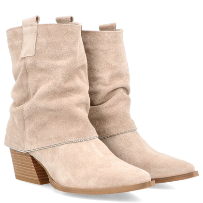 Zamszowe kowbojki z wywijaną cholewką - TYMOTEO G1073 BEŻOWE