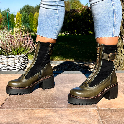 Skórzane botki na platformie - SIMEN 7197A KHAKI