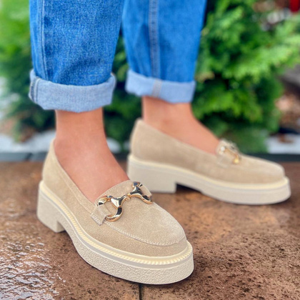 Skórzane mokasyny z klamrą - TYMOTEO L1053 BEŻOWE