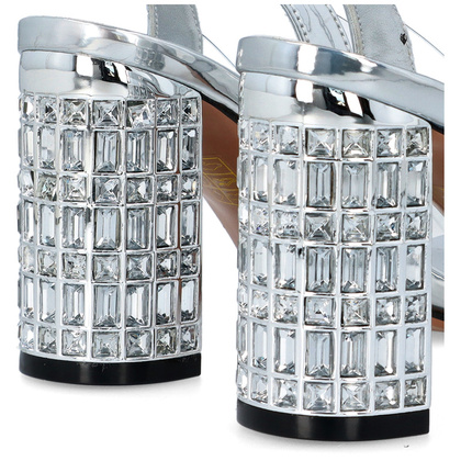 Transparentne sandały na zdobnym obcasie - SCAVIOLA S-235 SREBRNE