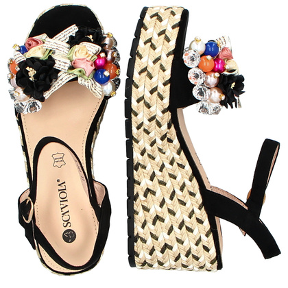 Modne sandały na koturnie - SCAVIOLA S-395 CZARNE