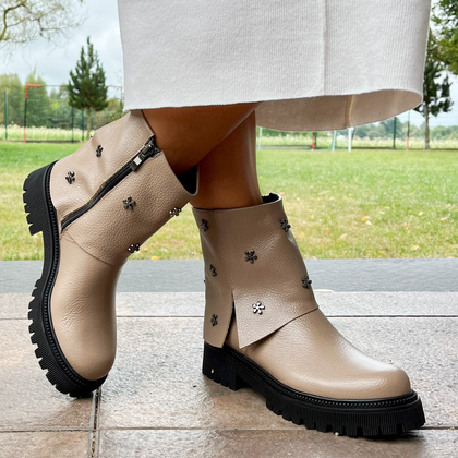 Skórzane botki z wywijaną cholewką - TYMOTEO G1068 BEŻOWE