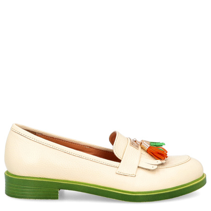 Skórzane mokasyny na kontrastowej podeszwie - TYMOTEO A1002 BEŻ+ZIELONY