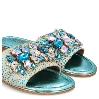 Zdobne klapki ze skóry - BOTTEGA SMERALDA 214WLD TURKUSOWE