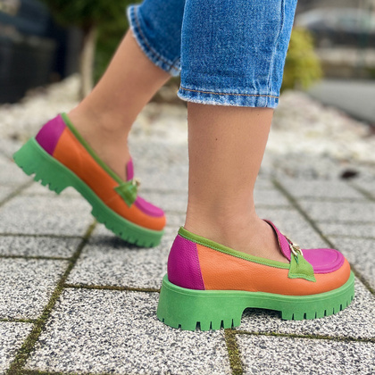 Kolorowe mokasyny ze skóry - TYMOTEO A1003 POMARAŃCZ ZIELEŃ RÓŻ