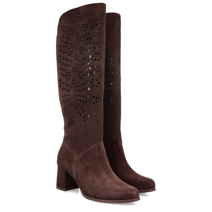 Stylowe ażurowe kozaki - TYMOTEO L1001 CZEKOLADOWE