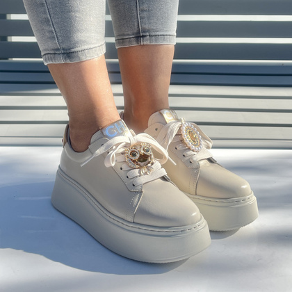 Sneakersy skórzane z ozdobą - CHEBELLO 4411 JASNY BEŻ