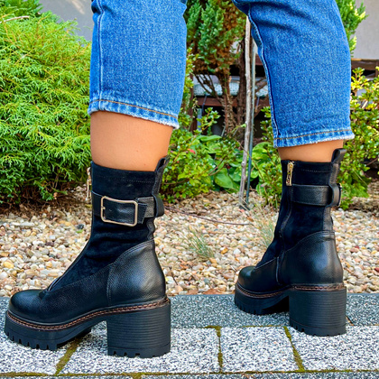 Skórzane botki na platformie - SIMEN 7197A CZARNY