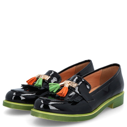 Skórzane mokasyny na kontrastowej podeszwie - TYMOTEO A1002 CZARNE+ZIELONY