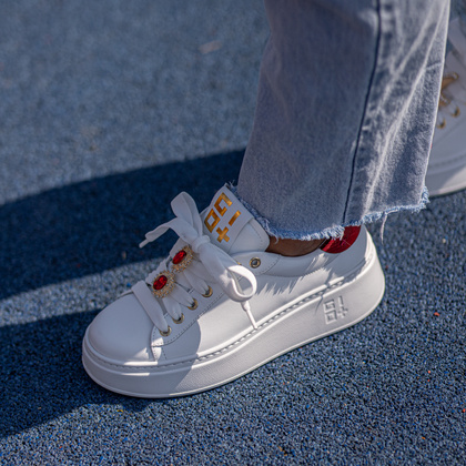 Sneakersy skórzane premium - GIO+ PIA300A BIAŁO-CZERWONE