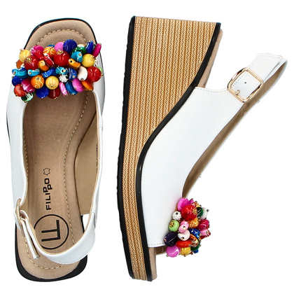 Skórzane sandały na koturnie - FILIPPO DS6021/25 BIAŁE