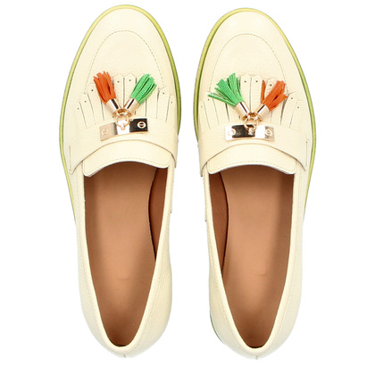 Skórzane mokasyny na kontrastowej podeszwie - TYMOTEO A1002 BEŻ+ZIELONY