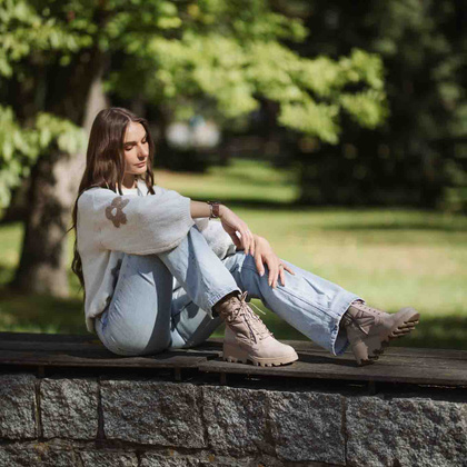 Skórzane botki na platformie - WONDERS G-7004 JASNY BRĄZ