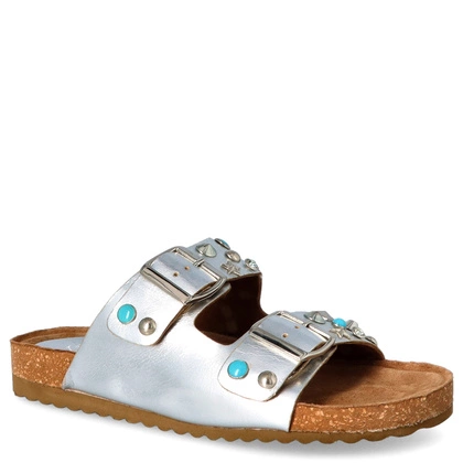 Skórzane klapki z klamerkami - EKP 3450 SREBRNE