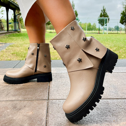 Skórzane botki z wywijaną cholewką - TYMOTEO G1068 BEŻOWE